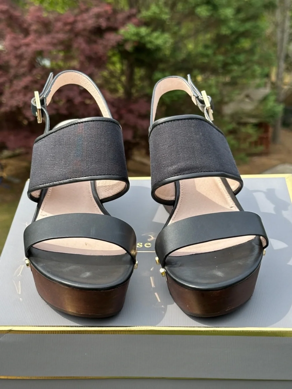 Nearly NEW Black and Gold Leather and Canvas Platform Wedge Casual Sandals